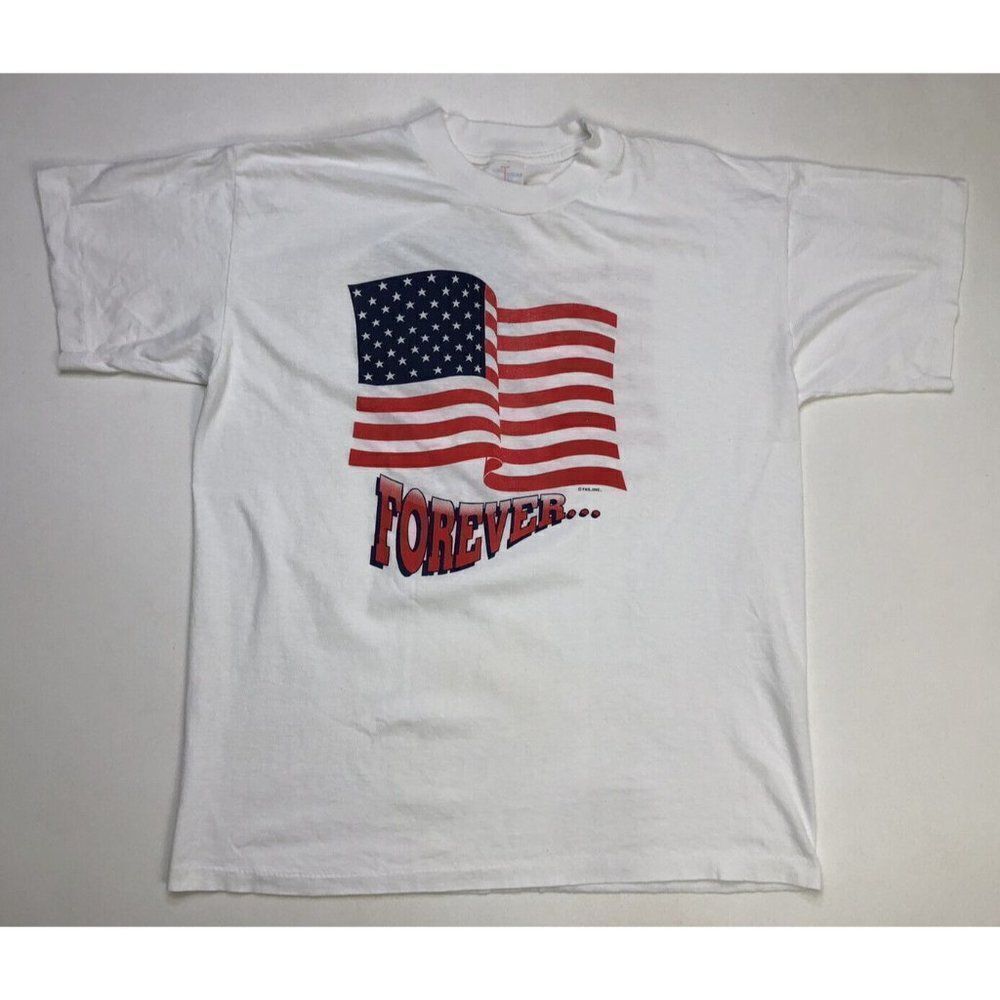 VINTAGE USA Flag Forever And Ever Patriotic T-shirt Men Large 90s Single Stitch